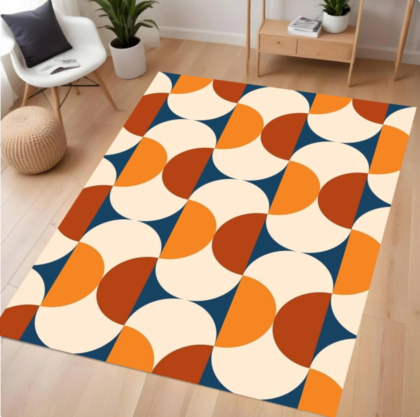 Colorful geometric-patterned rug on a wooden floor with a modern interior setting.
