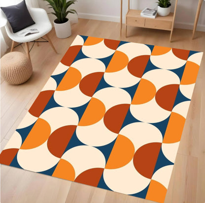 Colorful geometric-patterned rug on a wooden floor with a modern interior setting.