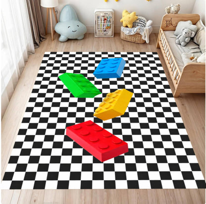 Checkered rug with colorful toy blocks in a child's room