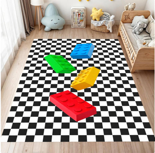 Checkered rug with colorful toy blocks in a child's room