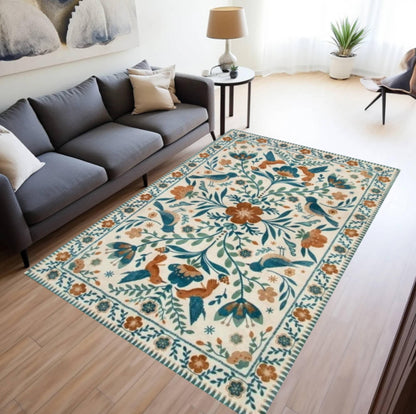 Washable Floral Rug with Birds with Botanical Folk Art
