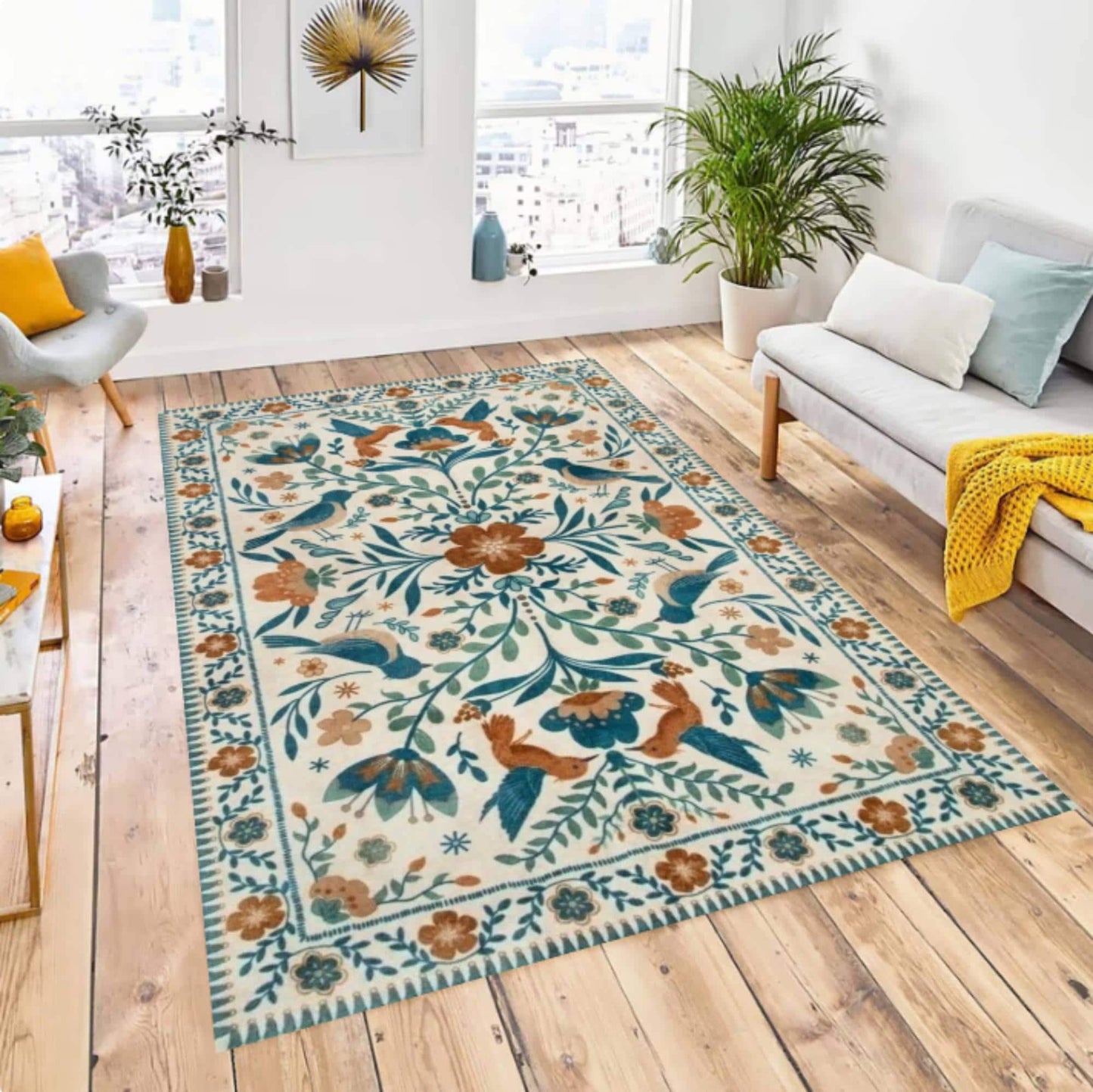 Washable Floral Rug with Birds with Botanical Folk Art