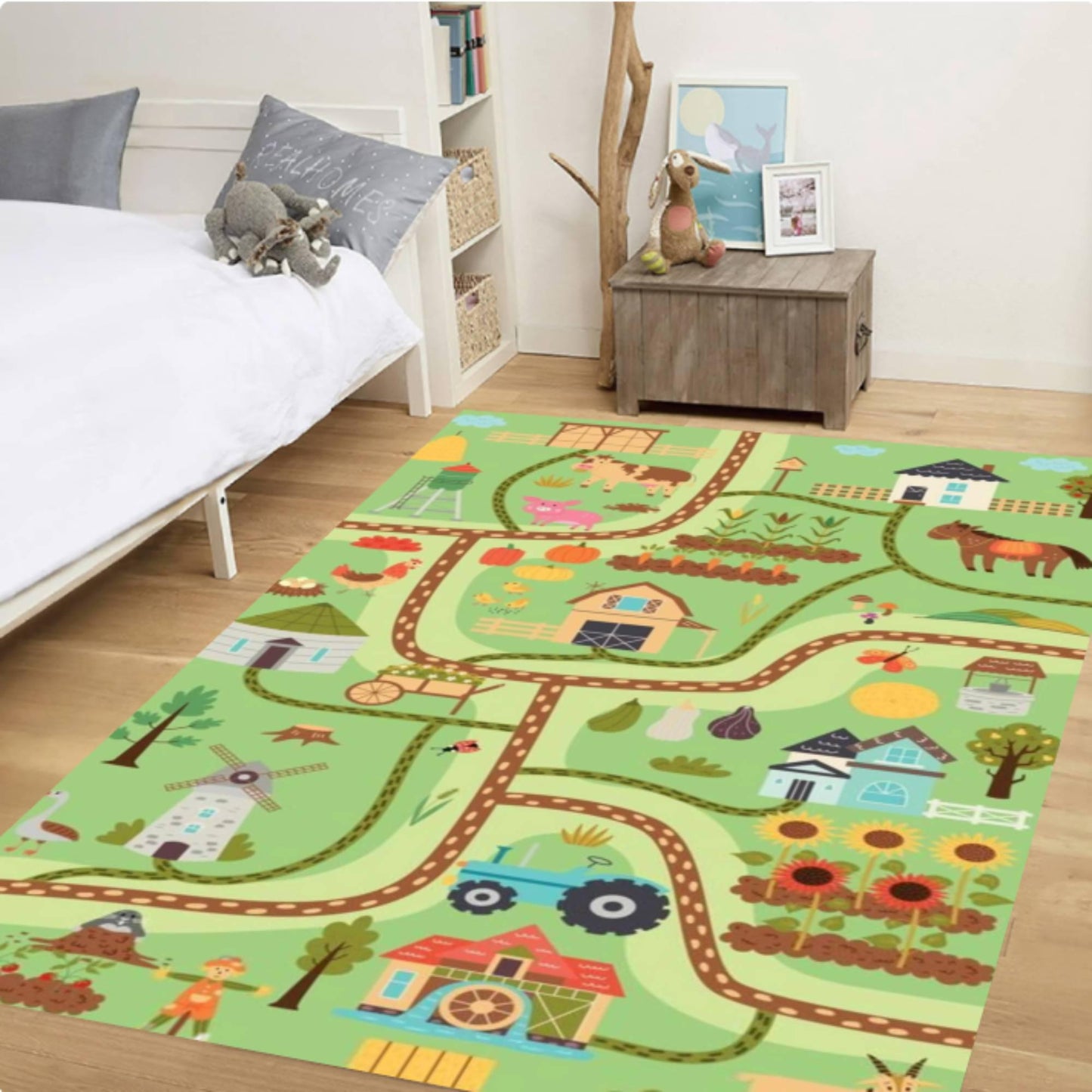 Kids Farm Playroom Rug, Educational Road Map, Washable Nursery Decor