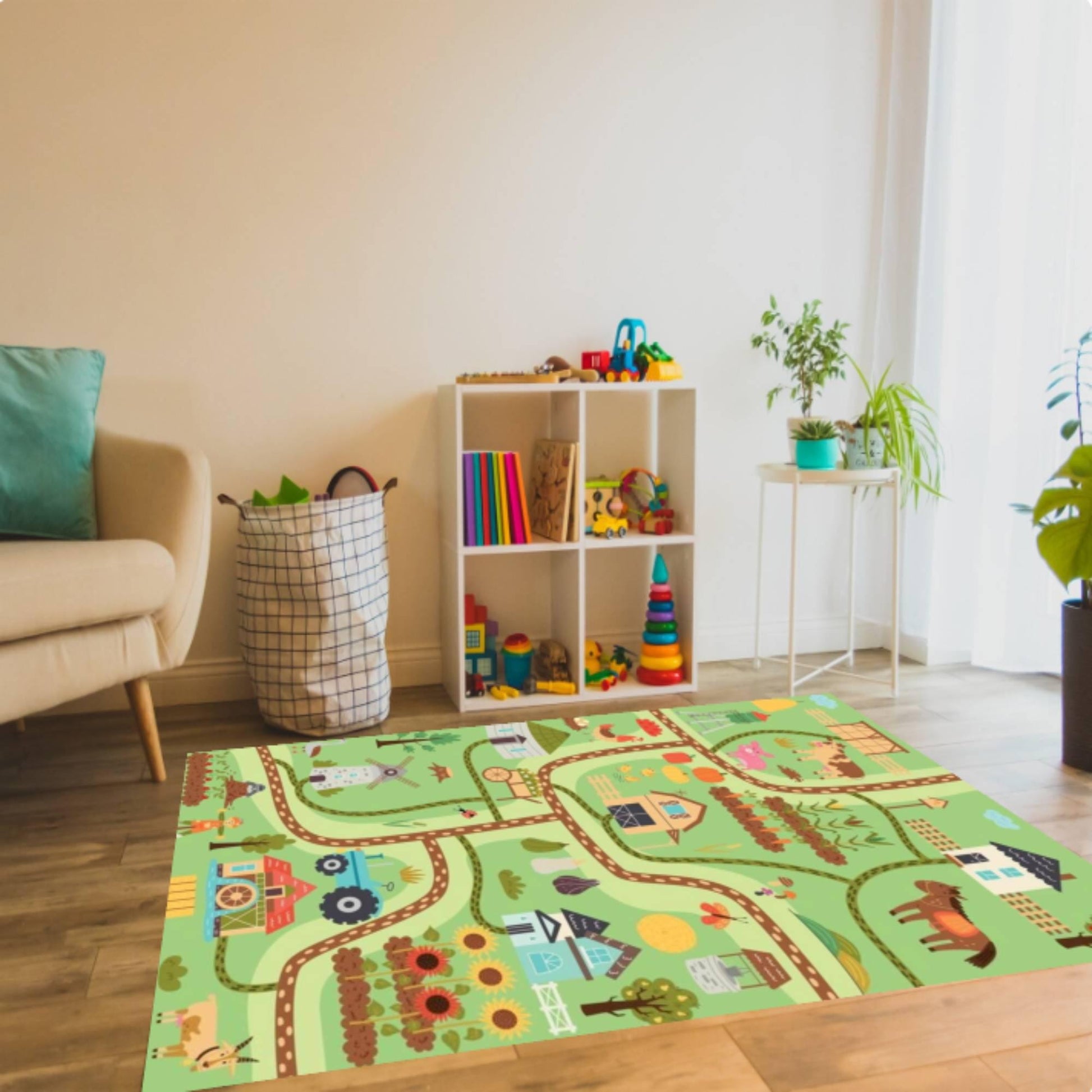 Kids Farm Playroom Rug, Educational Road Map, Washable Nursery Decor