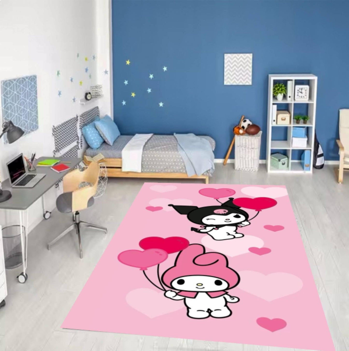 Pink Cartoon Heart Balloon Rabbit Design Nursery Rug
