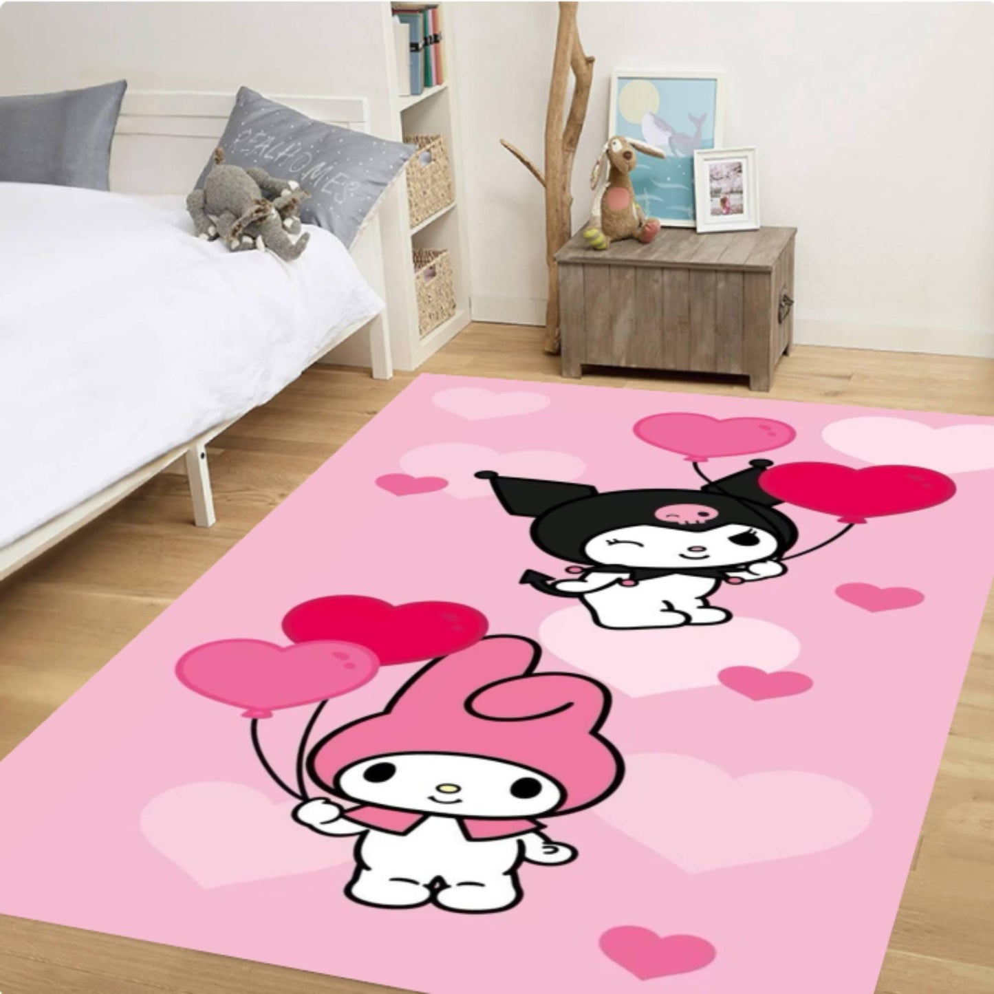 Pink Cartoon Heart Balloon Rabbit Design Nursery Rug