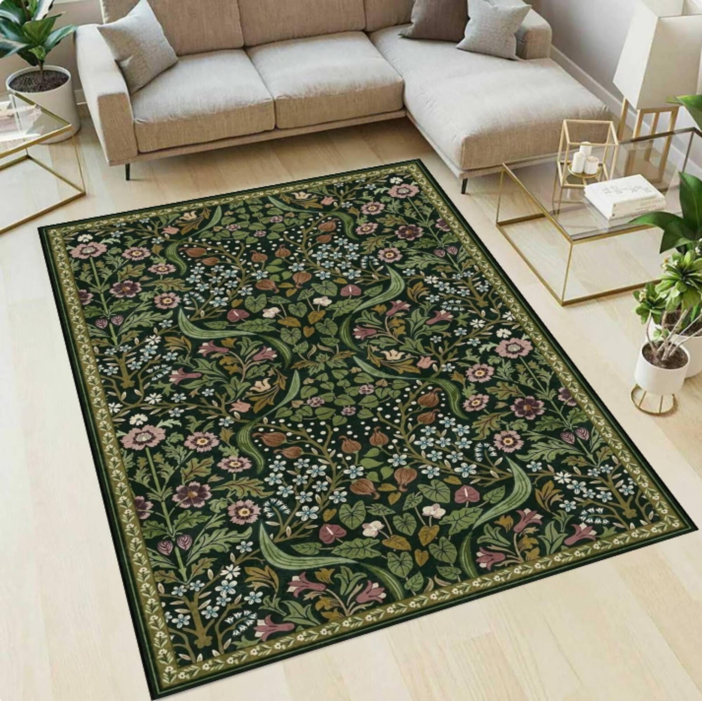 Dark Green William Morris Style Area Rug –Washable Non-Slip