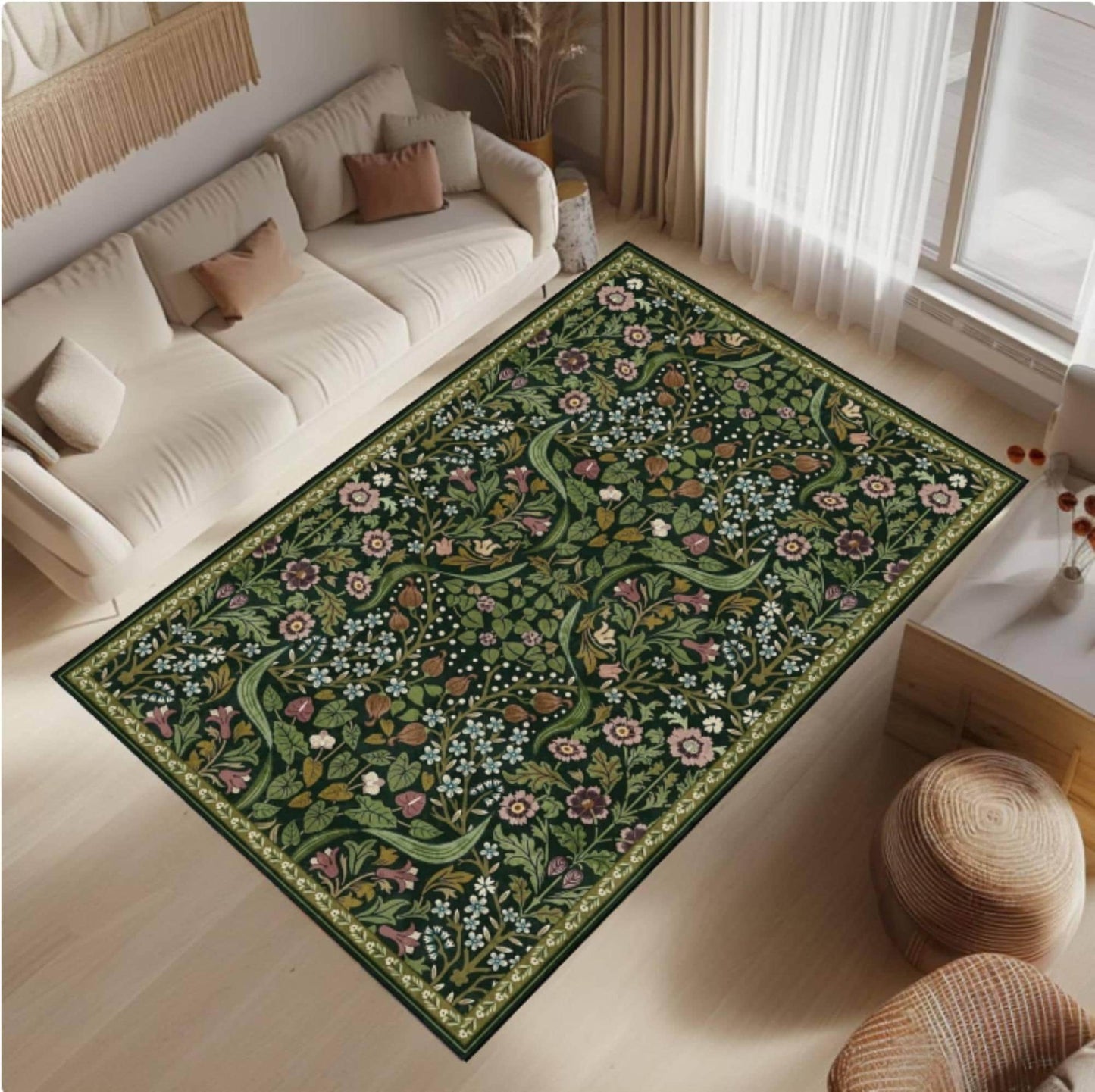 Dark Green William Morris Style Area Rug –Washable Non-Slip