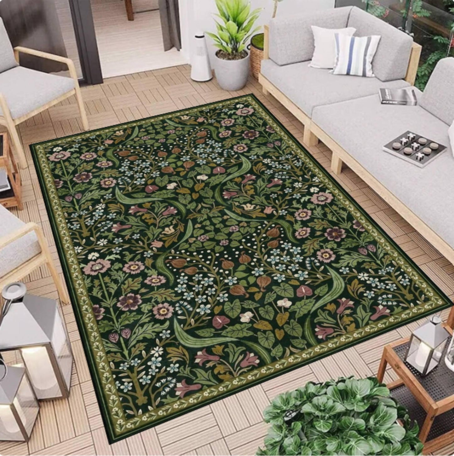 Dark Green William Morris Style Area Rug –Washable Non-Slip