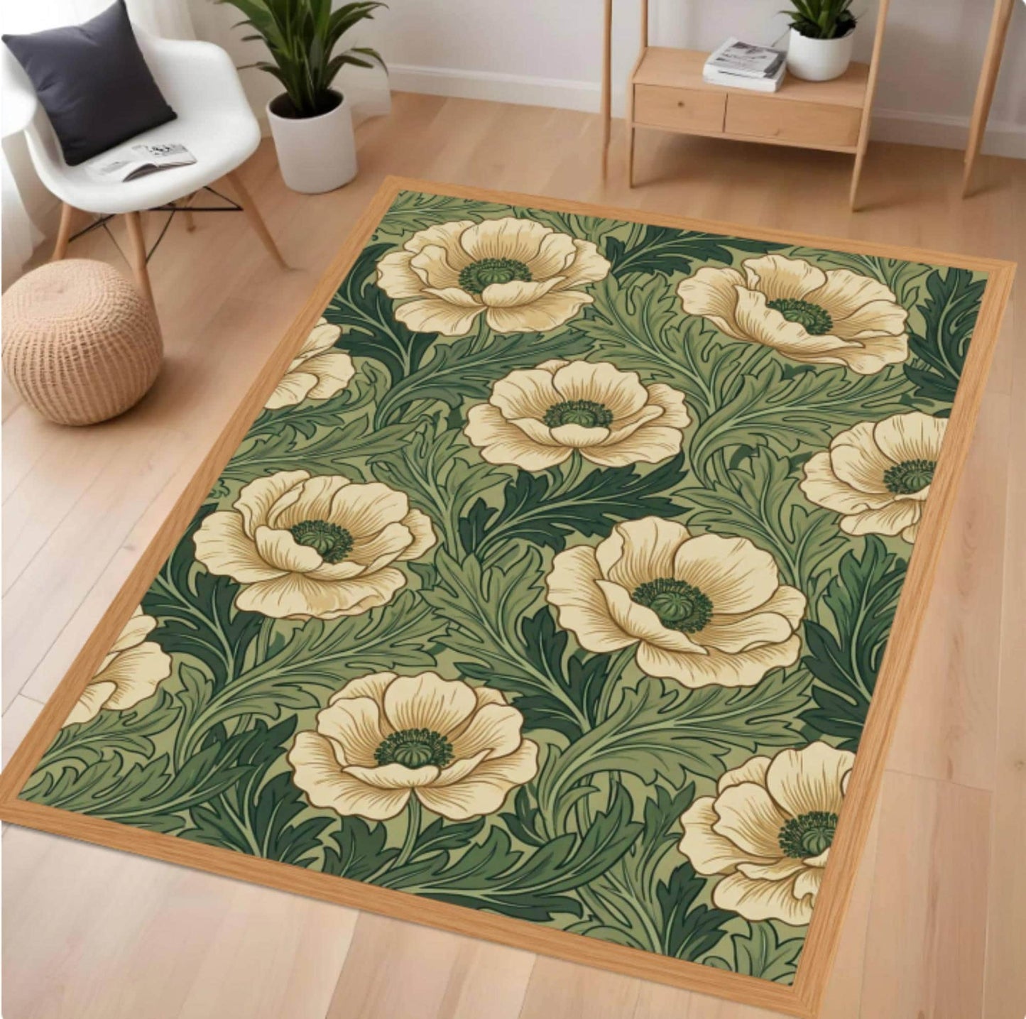 Floral patterned rug on a wooden floor with a chair and plants in the background