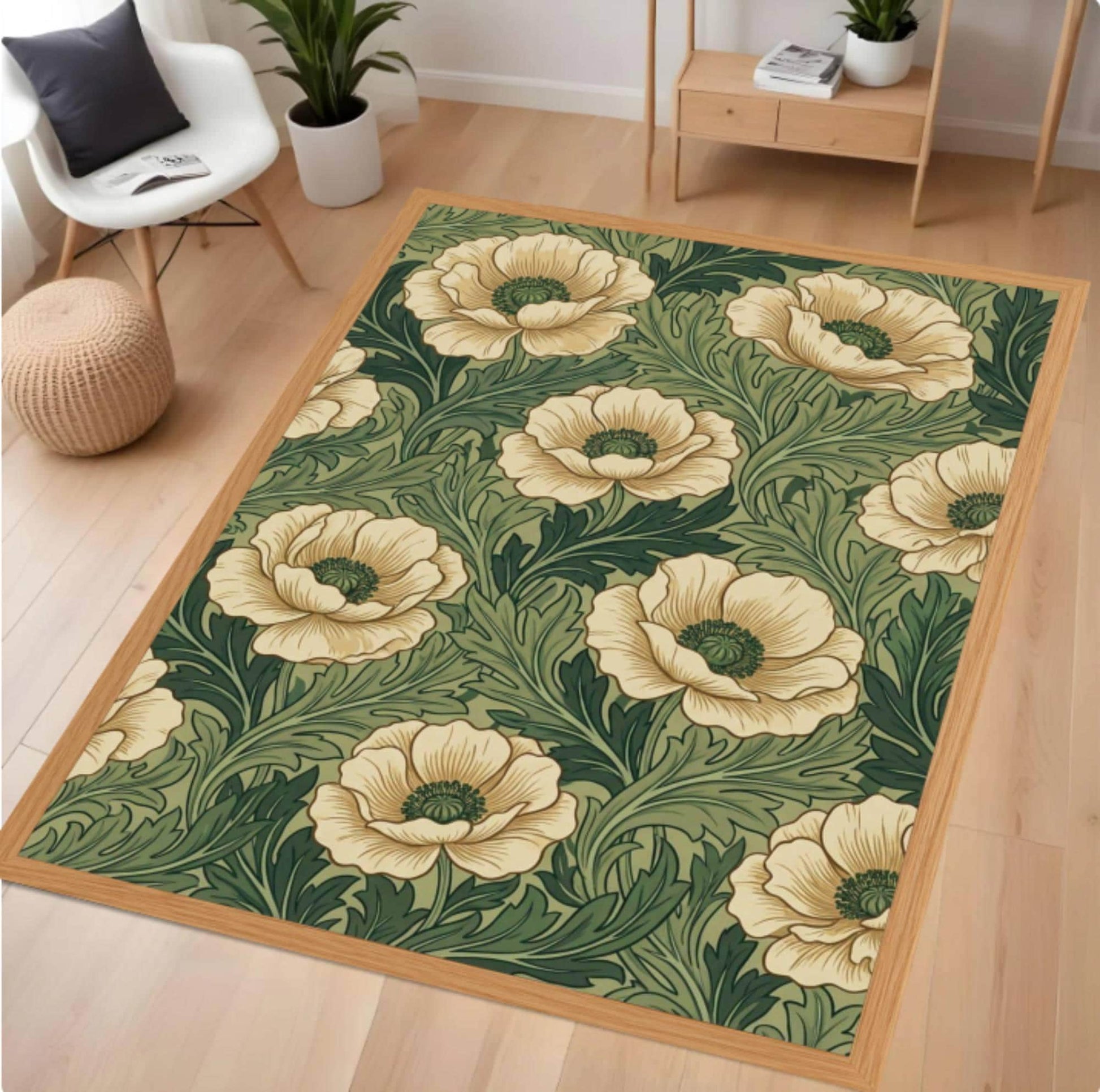 Floral patterned rug on a wooden floor with a chair and plants in the background