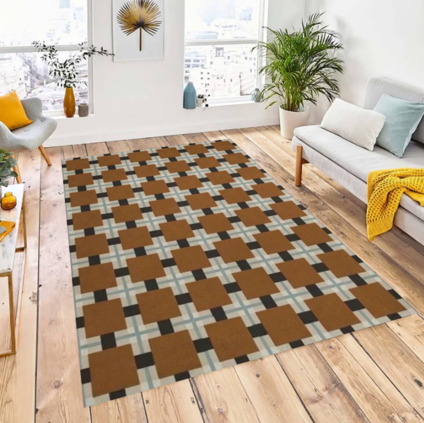 Brown Checkered Mid-Century Modern Area Rug