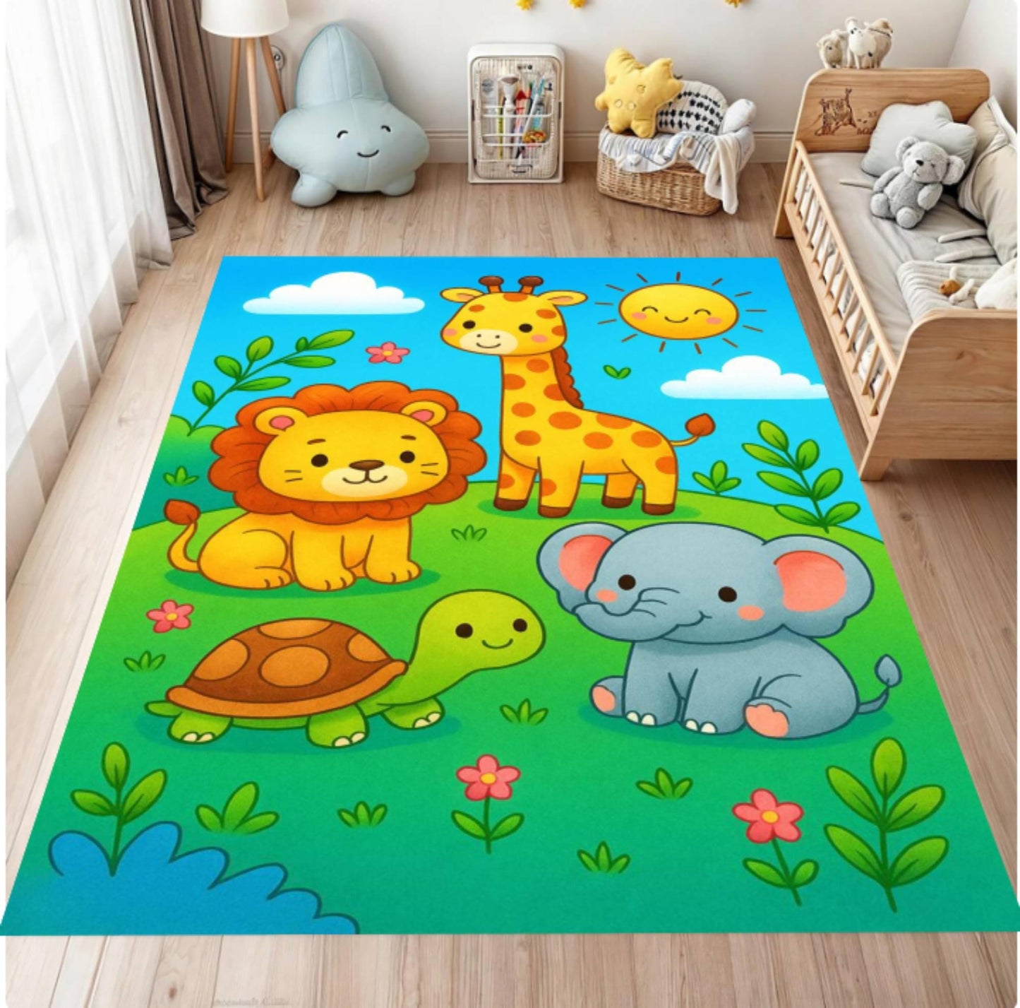 Colorful children's rug with cartoon animals on a wooden floor.