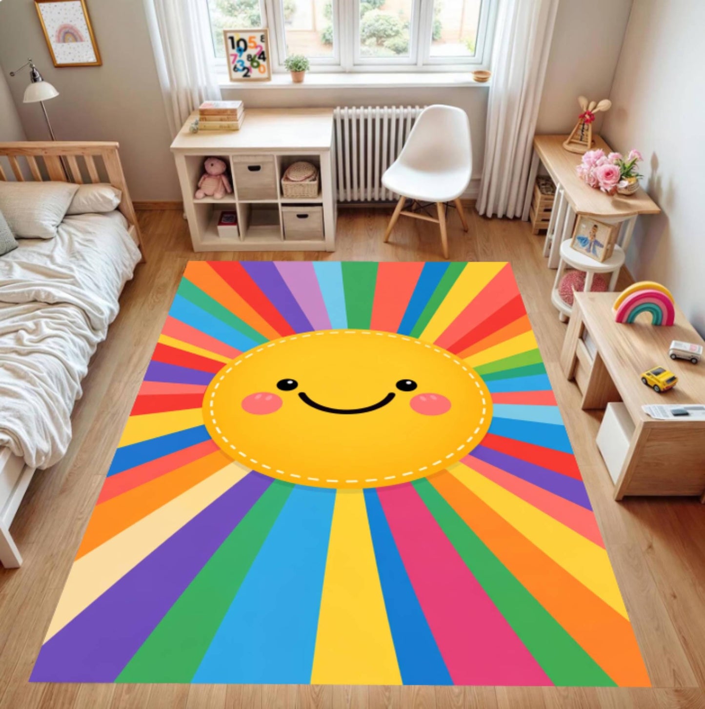 Rainbow Sun Washable Rug for Kids Room