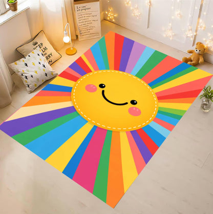 Rainbow Sun Kids Rug, Washable Nursery Playroom Carpet