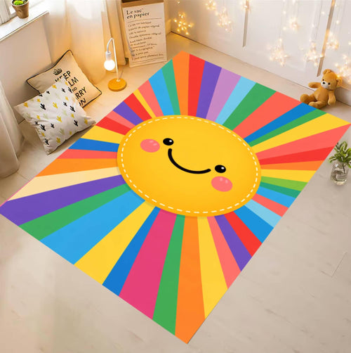 Rainbow Sun Kids Rug, Washable Nursery Playroom Carpet