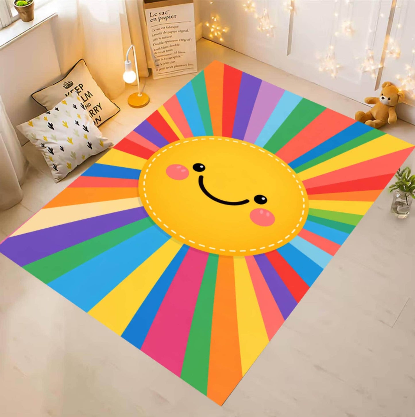 Rainbow Sun Washable Rug for Kids Room