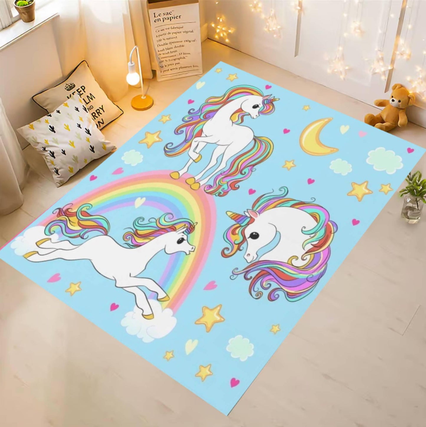 Unicorn Rainbow Washable Kids Playroom Rug