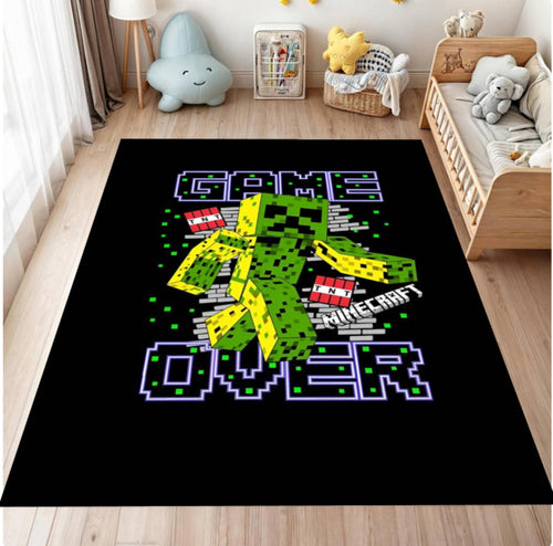 Minecraft-themed rug with 'Game Over' design in a child's room.