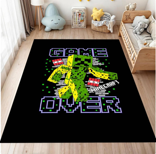 Minecraft-themed rug with 'Game Over' design in a child's room.