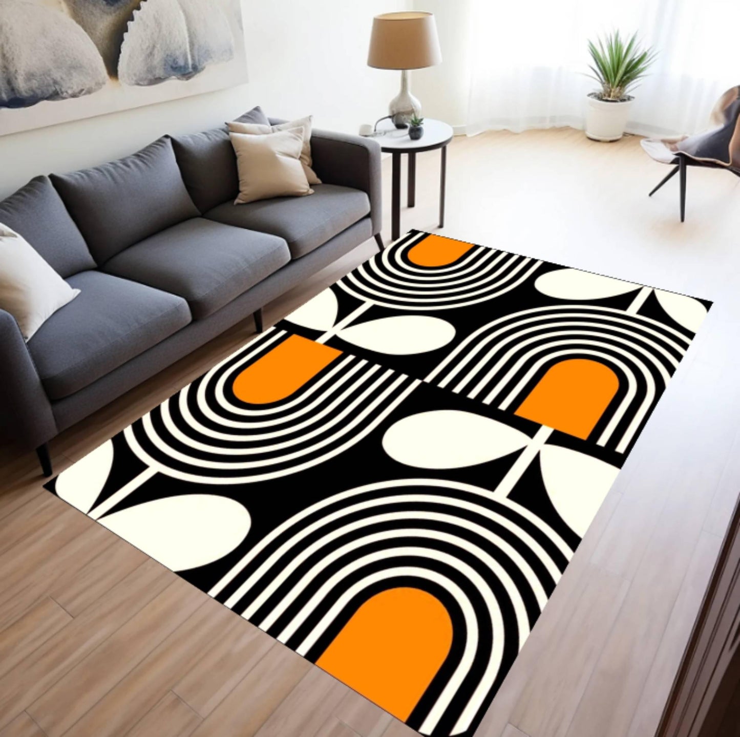 Mid-Century Modern Geometric Abstract Black & Orange Area Rug