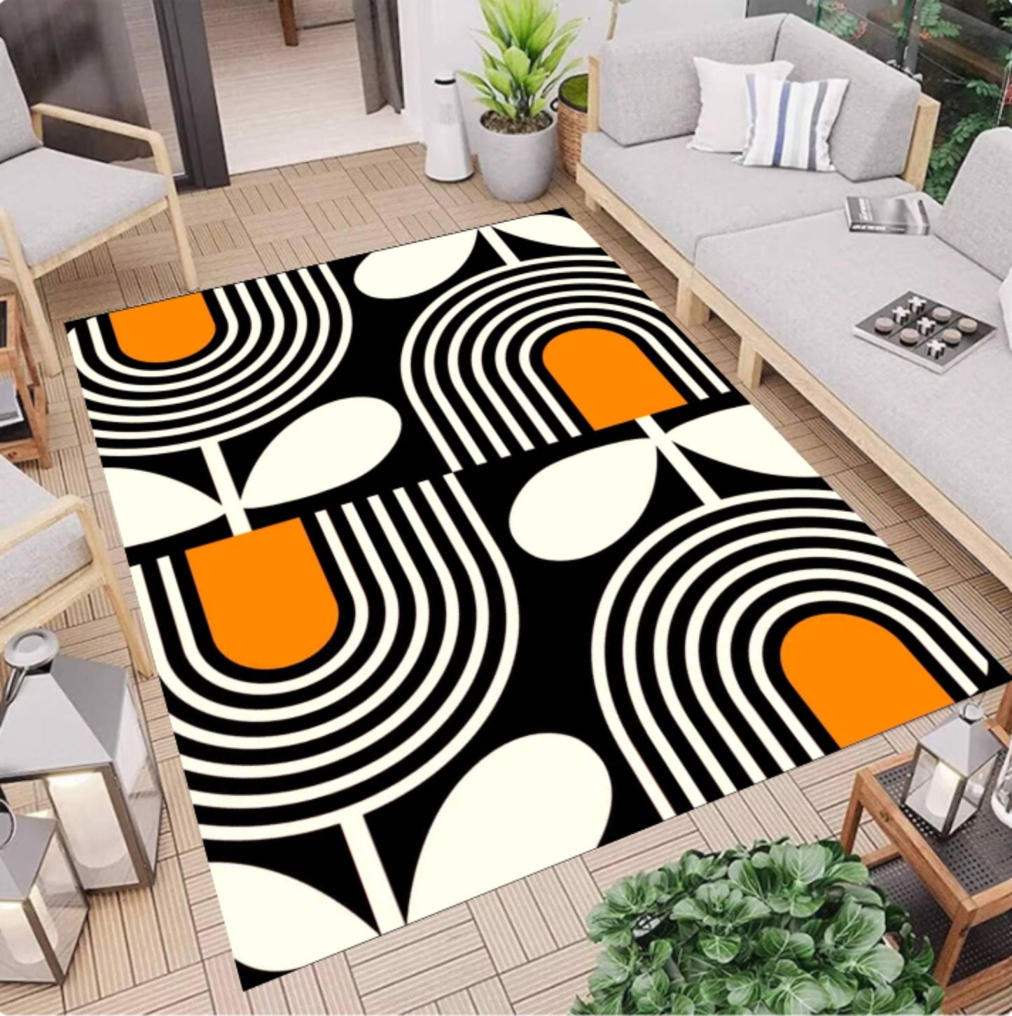 Mid-Century Modern Geometric Abstract Black & Orange Area Rug