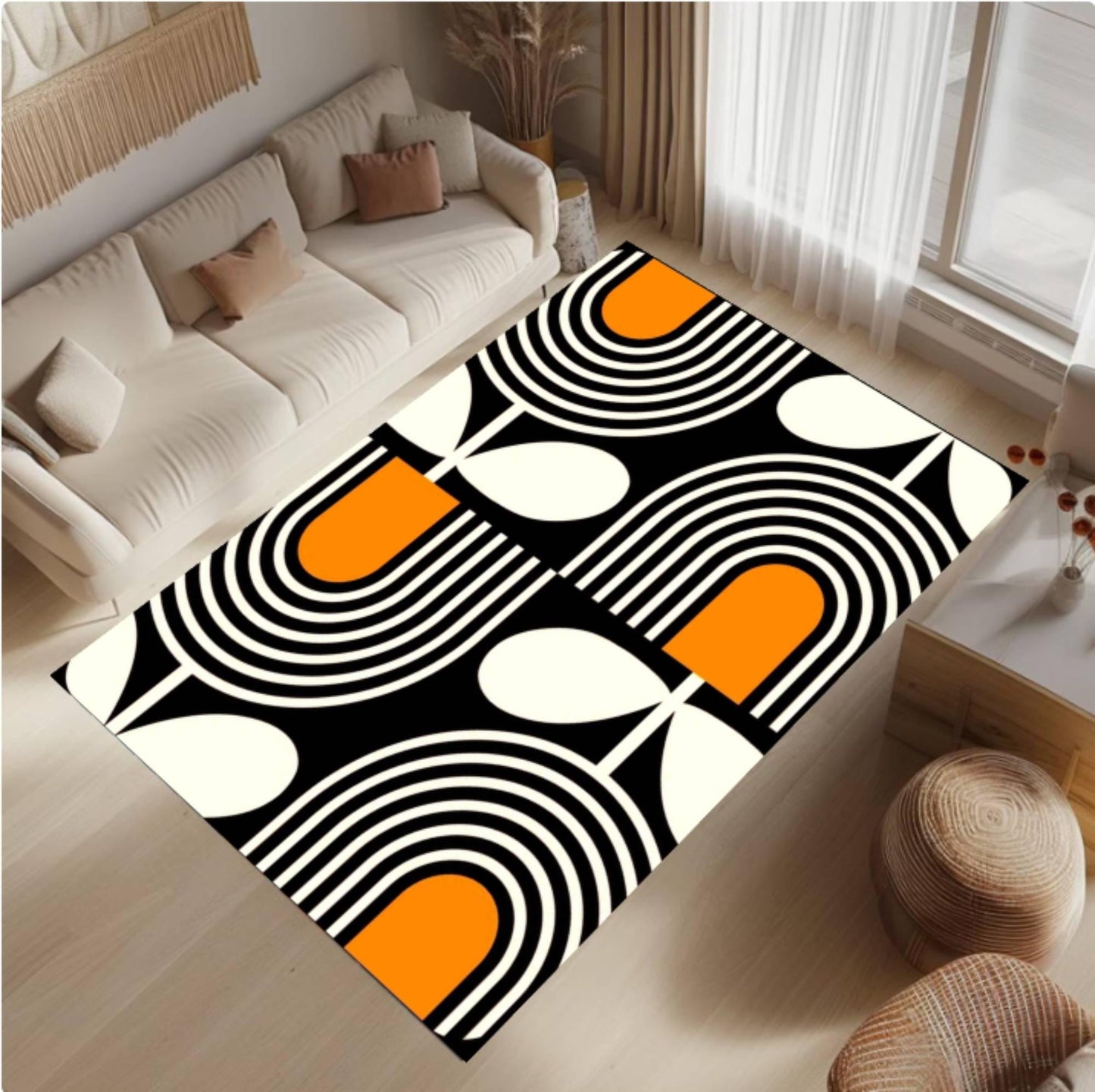 Mid-Century Modern Geometric Abstract Black & Orange Area Rug