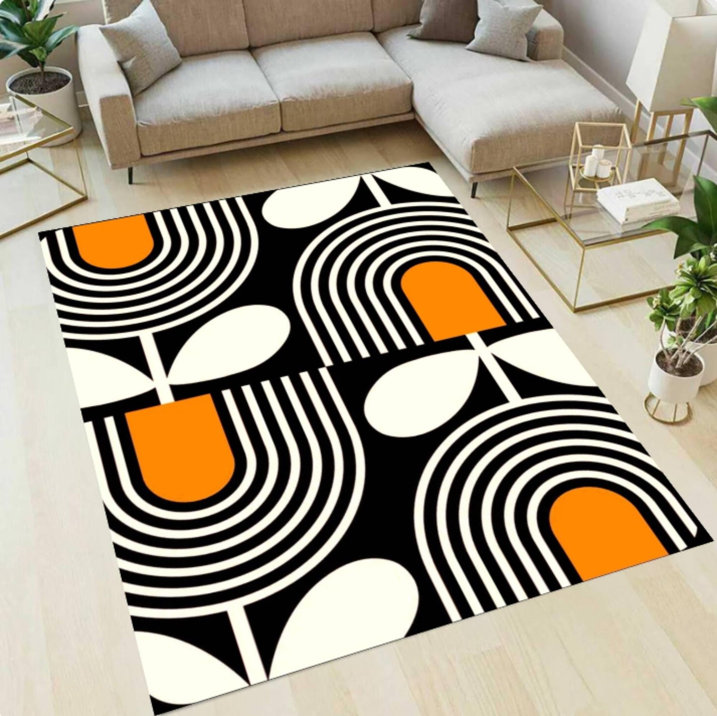 Mid-Century Modern Geometric Abstract Black & Orange Area Rug