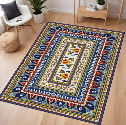 Decorative rug with colorful patterns on a wooden floor