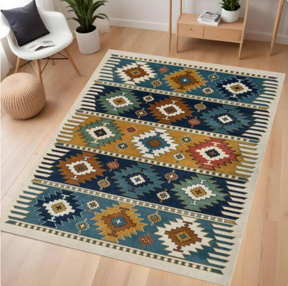 Decorative rug with geometric pattern on a wooden floor