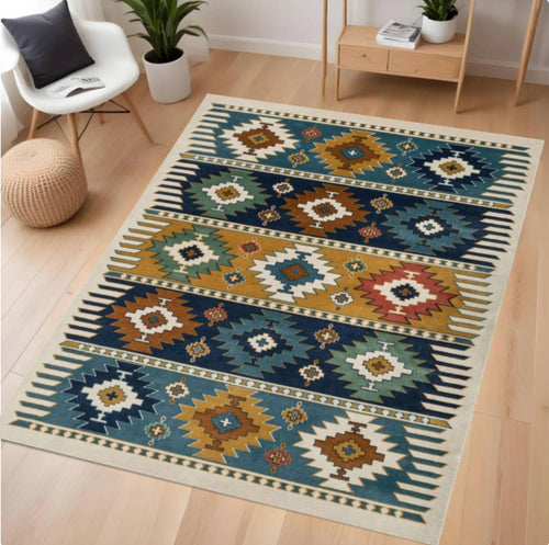 Decorative rug with geometric pattern on a wooden floor