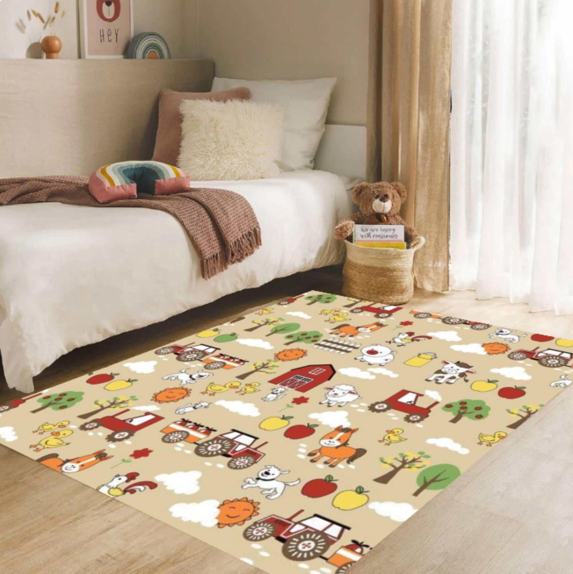Farm Animal Kids Rug, Washable Playroom Carpet, Tractor Barn Design