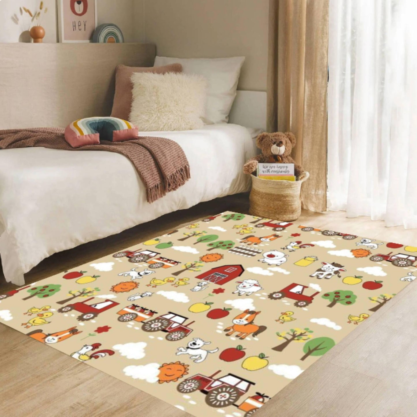 Kids Farm Animals Area Rug – Tractor & Barn Play Mat Washable Non-Slip