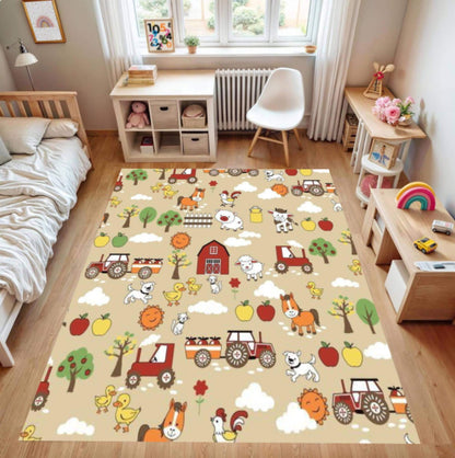 Kids Farm Animals Area Rug – Tractor & Barn Play Mat Washable Non-Slip