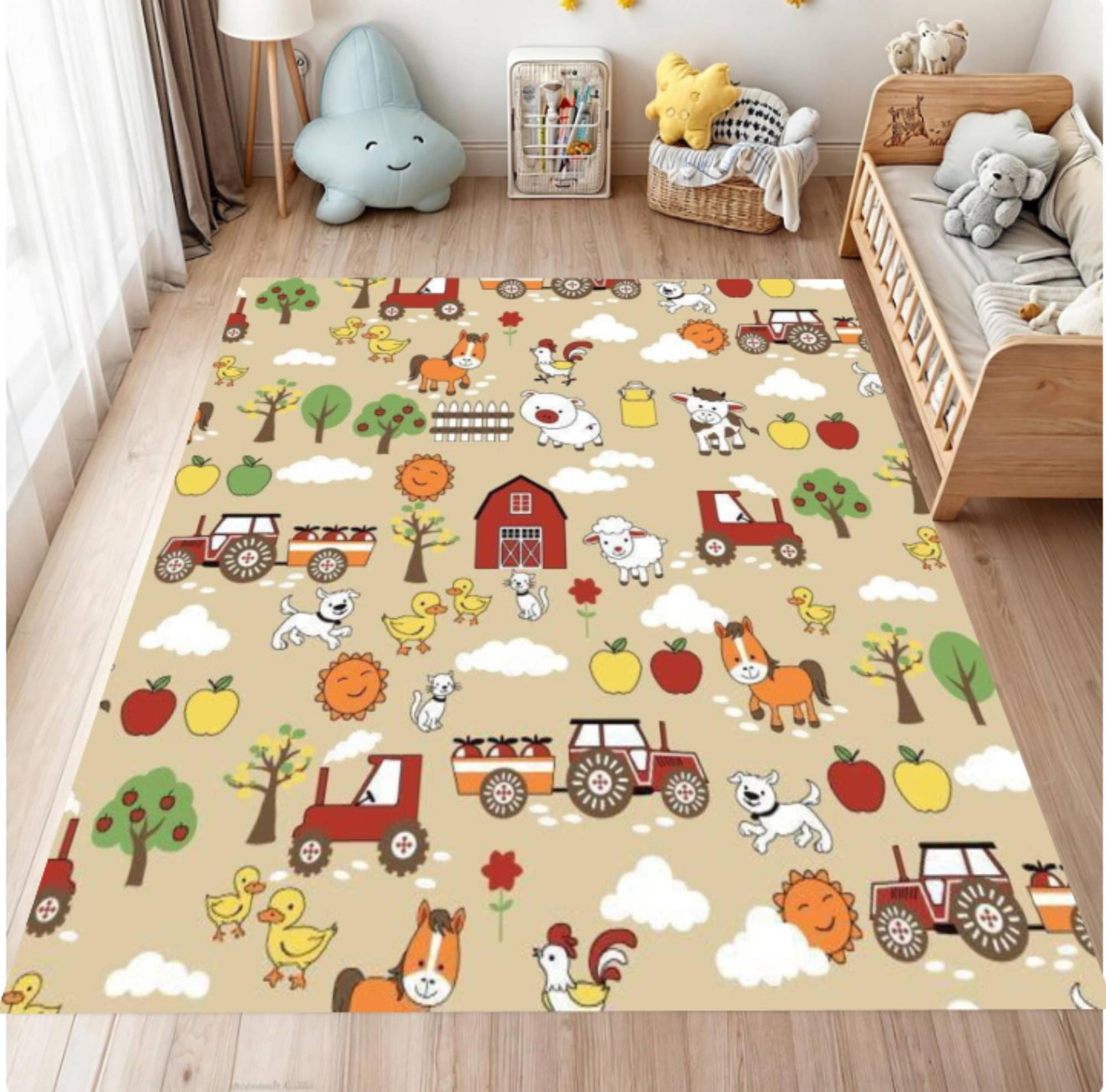 Children's room with a colorful farm-themed rug on the floor.