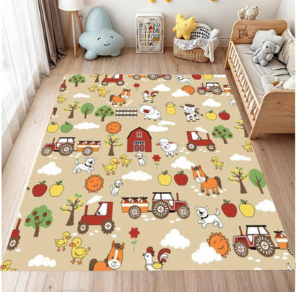 Children's room with a colorful farm-themed rug on the floor.