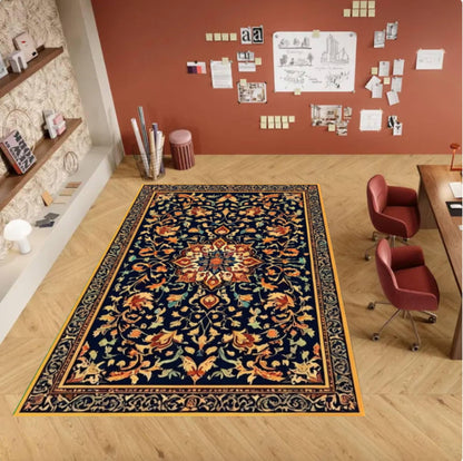 Navy Blue Vintage Floral Area Rug – Washable Non-Slip