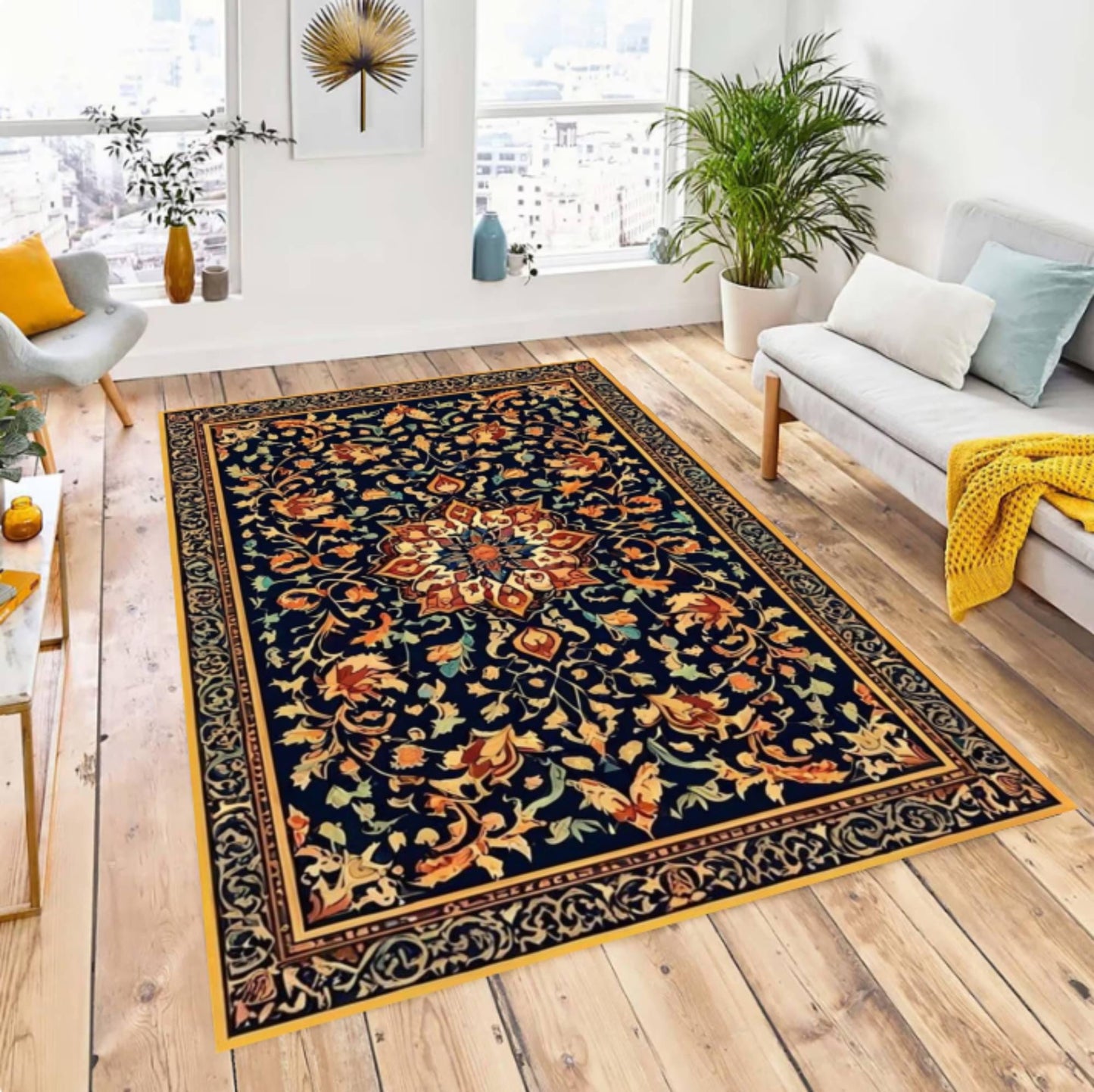 Navy Blue Vintage Floral Area Rug – Washable Non-Slip
