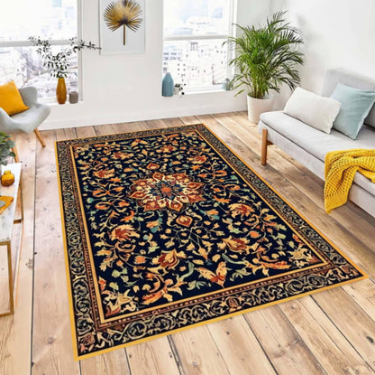 Navy Blue Vintage Floral Area Rug – Washable Non-Slip