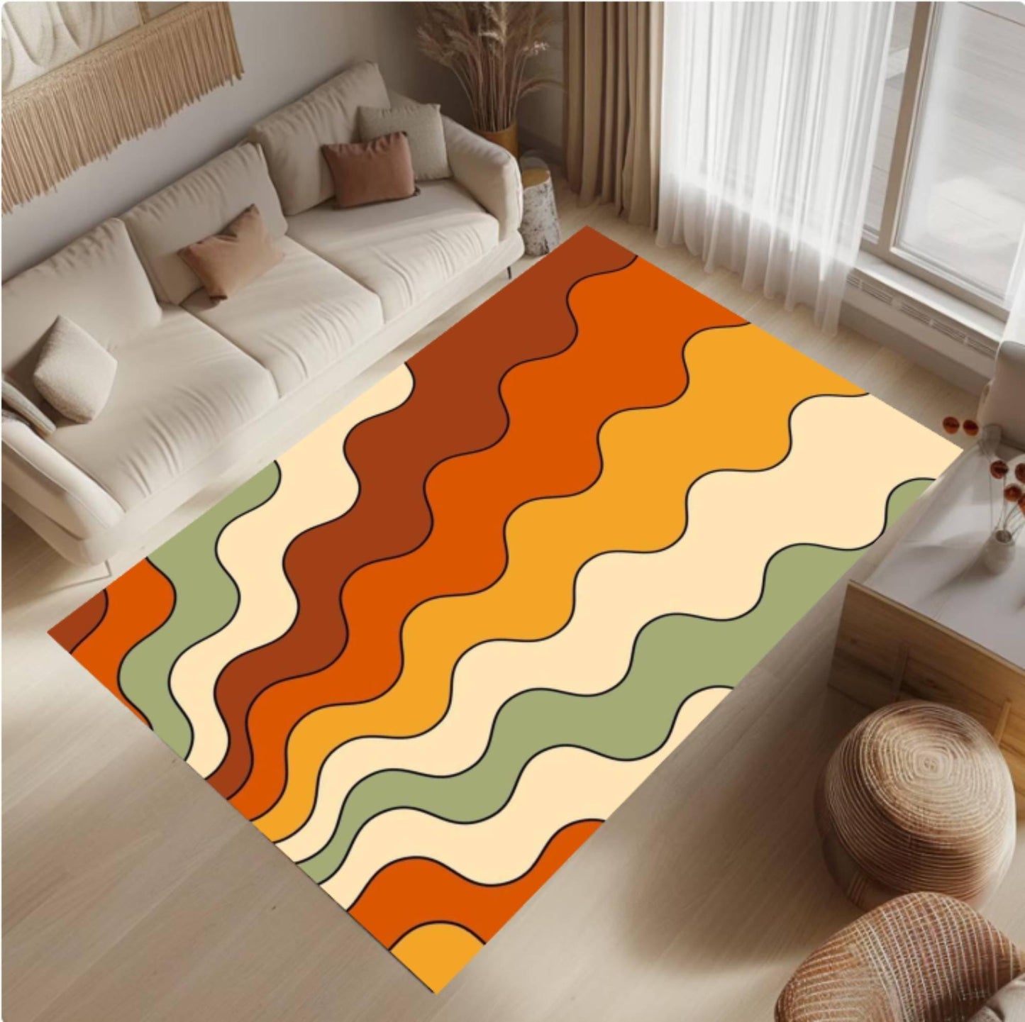 Retro Mid-Century Modern Wavy Area Rug – Abstract Wave Washable Non-Slip