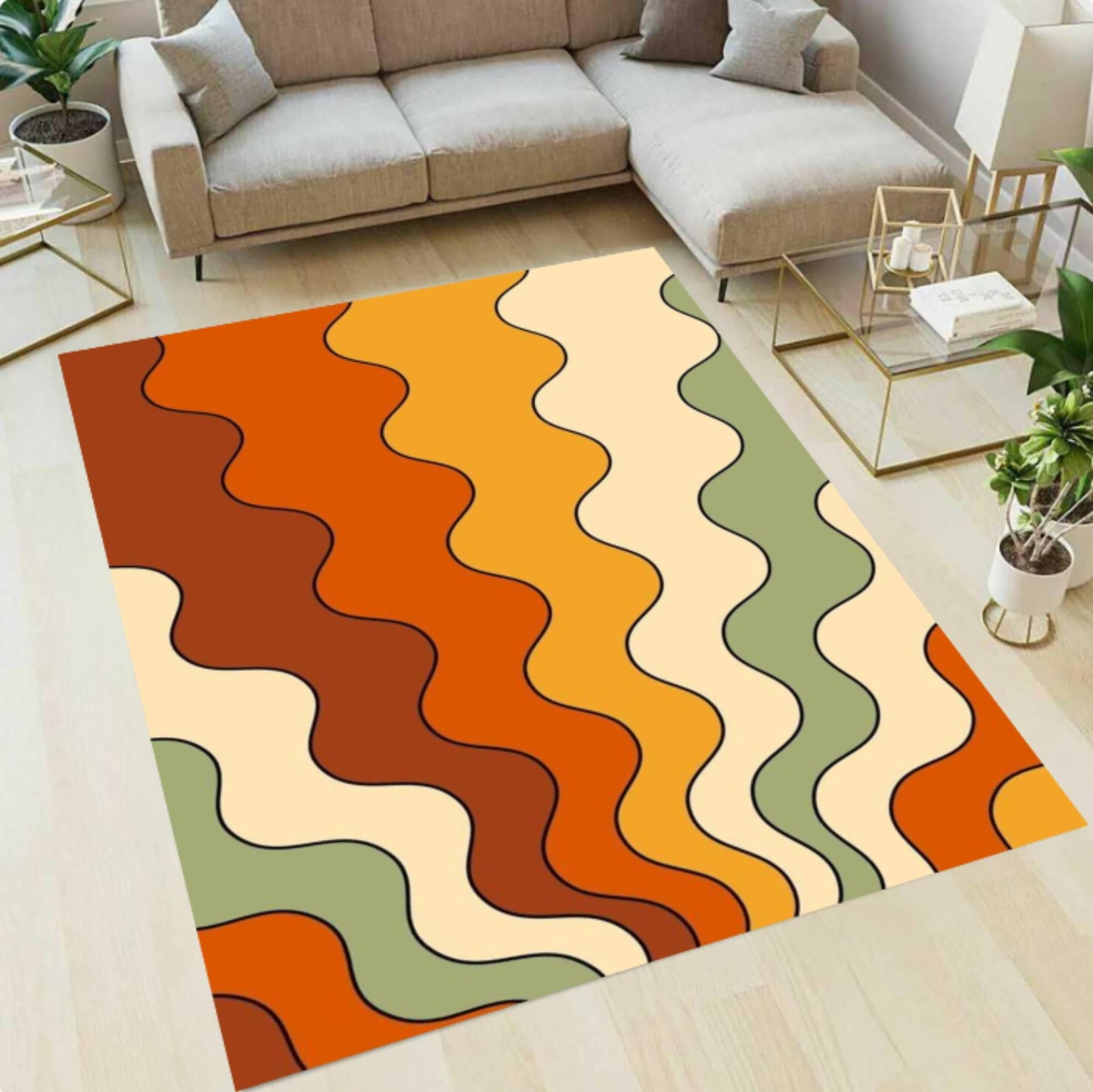 Retro Mid-Century Modern Wavy Area Rug – Abstract Wave Washable Non-Slip