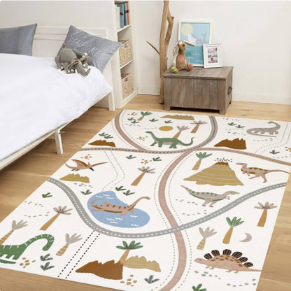 Dinosaur Road Map Kids Playroom Rug  Washable Non-slip