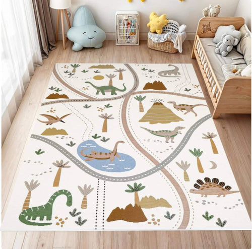 Children's room with a dinosaur-themed rug on a wooden floor.
