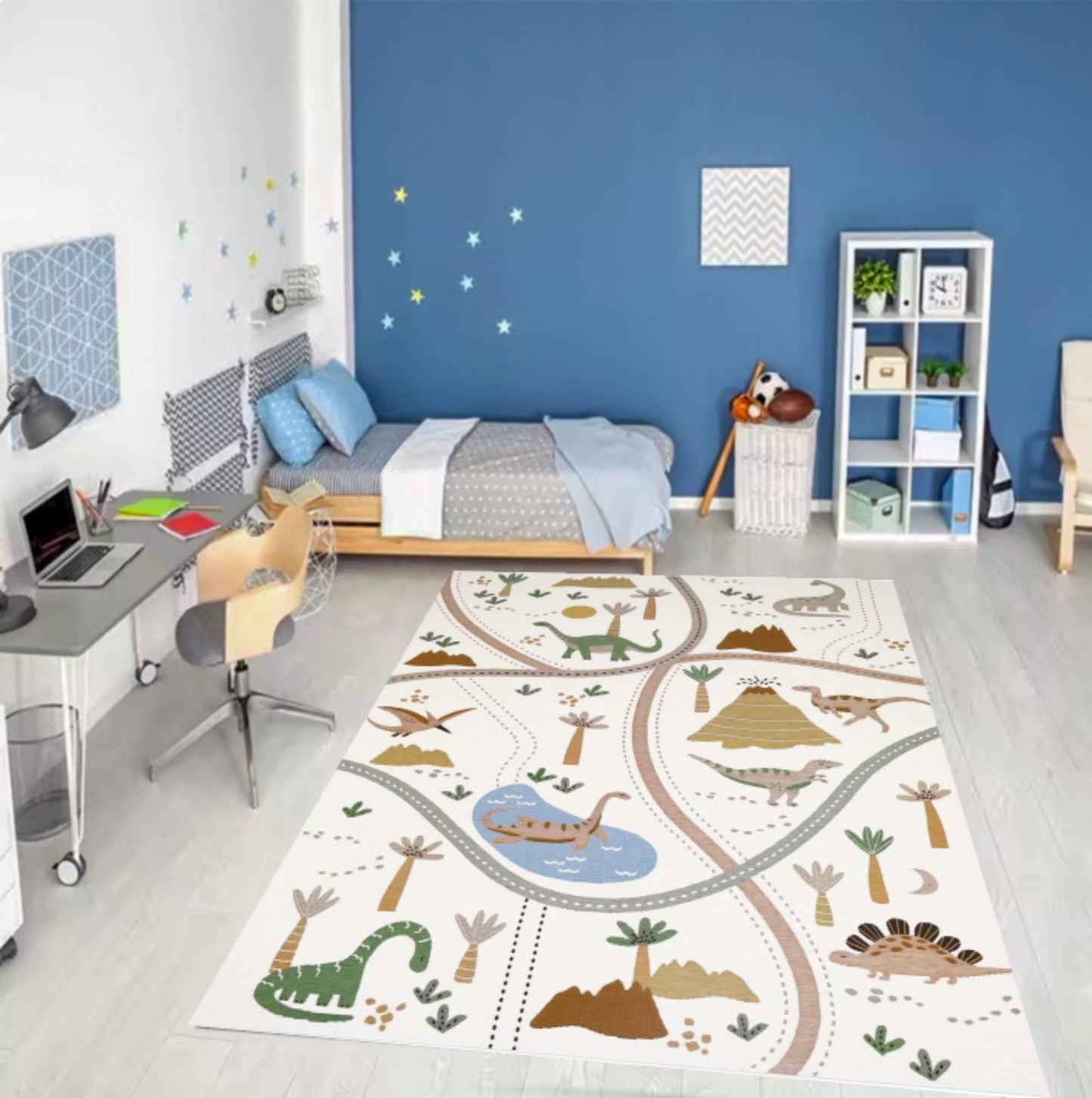 Dinosaur Road Map Kids Playroom Rug  Washable Non-slip