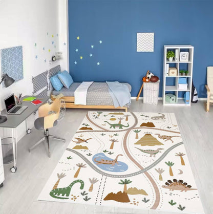Dinosaur Road Map Kids Playroom Rug  Washable Non-slip