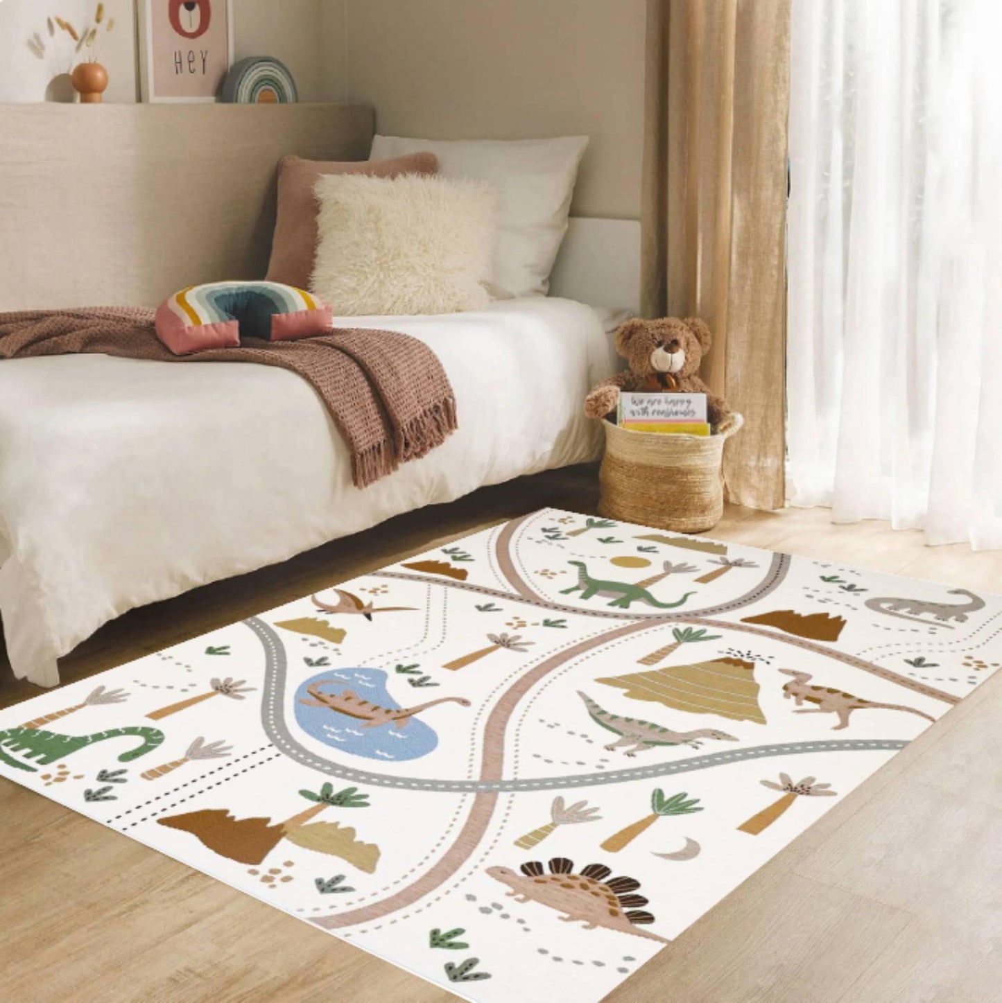 Dinosaur Road Map Kids Playroom Rug  Washable Non-slip
