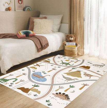 Dinosaur Road Map Kids Playroom Rug  Washable Non-slip