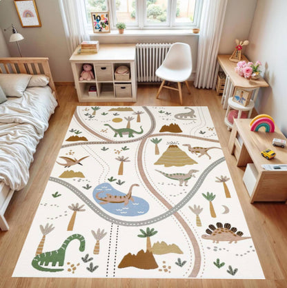 Dinosaur Road Map Kids Playroom Rug  Washable Non-slip
