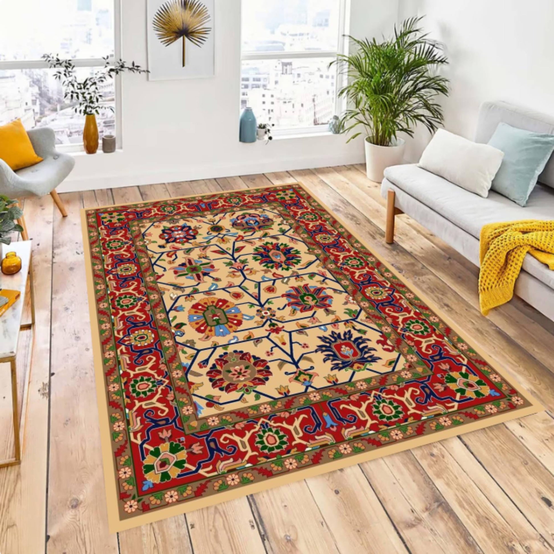 Washable Persian Area Rug, Vintage Floral Medallion, Non-Slip