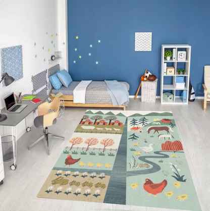 Kids Farm Scene Rug, Washable Playroom Carpet, Nursery Decor
